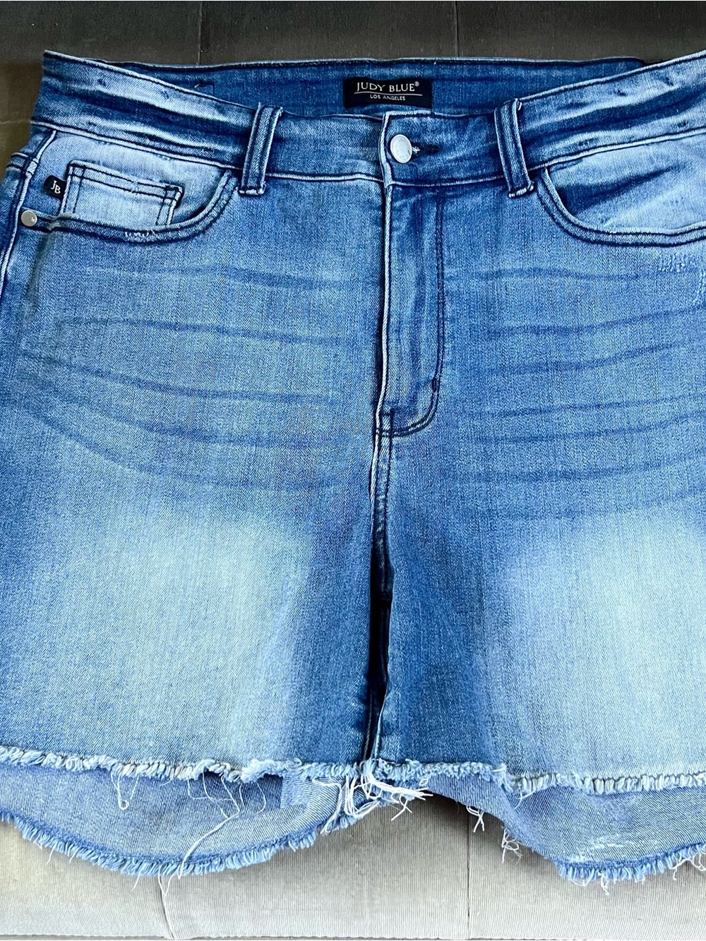 Judy Blue Medium Blue Mid Rise Frayed Hem Denim Shorts